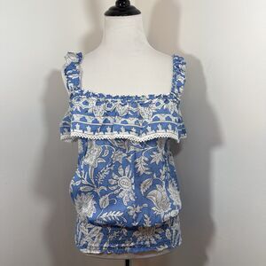 Jennifer & Grace Anthropologie Smocked Blouse M Bohemian Floral Romantic Ruffle